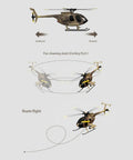 MD500 RC Helicopter Model C189 1/28 Scale 4CH demonstrating flight maneuvers and routes in camouflage finish with text labels.