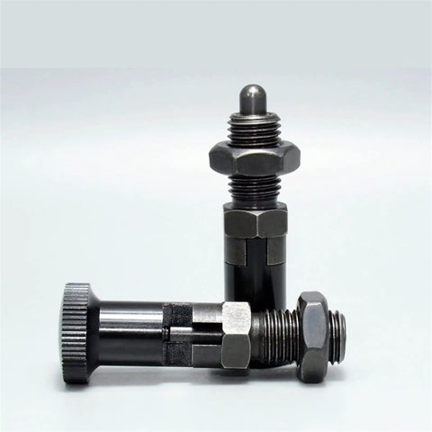 Hardened Steel Index Rest Plunger With Spring Loaded Lock Pin And Slick Aluminum Thumbwheel Knob Screw Built Tough For Heavy Duty Lathe Workholding And Quick Precision Clamping Tasks One Unit, showing detailed plunger mechanism.