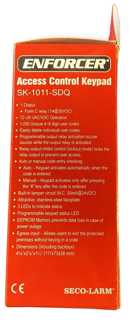 Enforcer Access Control Keypad SK-1011-SDQ With 12 Button Backlit Stainless Steel Face, Supports 1000 Permanent Codes And 50 Guest Codes, Schedule-Based Auto Disable With Built-In Clock, Egress Exit Input, And Auto-Adjusting 12-24 VDC and VAC Power