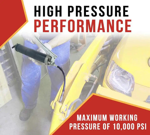 Using Two Pack Lever Action Grease Gun Set Heavy Duty 10000 PSI With 18 Inch Whip Hose on machinery.