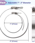 Hose clamps, 10-pack, adjustable stainless steel 1–2 in diameter with thumbscrew (front and side views).