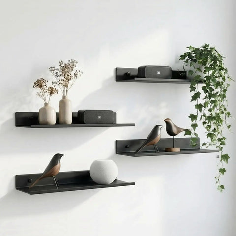Mini Floating Wall Shelves for Smart Speaker Collectibles, Lightweight Aluminum, Matte Black, Wall Mounted, 2 Pack display