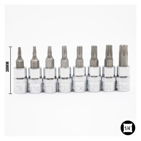 Ultimate 8-Piece 1/4 Inch Hex Torx Screwdriver Bit Set Featuring Heavy Duty T8 Through T40 Bits With Rugged Design For Maximum Grip And High Torque Power To Crush Rusty Bolts And Tighten Screws Like A Boss Without Bending Or Breaking. 38mm bits