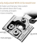 Close-up of Two Pack Three Quarters Inch Overlay Cabinet Hinges With Soft Close For Kitchen Cabinets, showing adjustable screws.