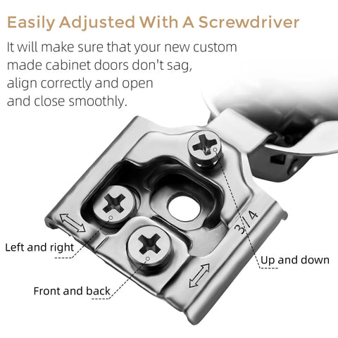 Close-up of Two Pack Three Quarters Inch Overlay Cabinet Hinges With Soft Close For Kitchen Cabinets, showing adjustable screws.