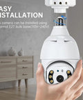 Outdoor WiFi Lightbulb Security Camera With 360 Degree View And 2.4G WiFi HD Night Vision Two Way Audio Light Socket Mount Motion Detection No Fuss Smart Home Setup Weather Resistant Bulb Cam being installed in E27 socket