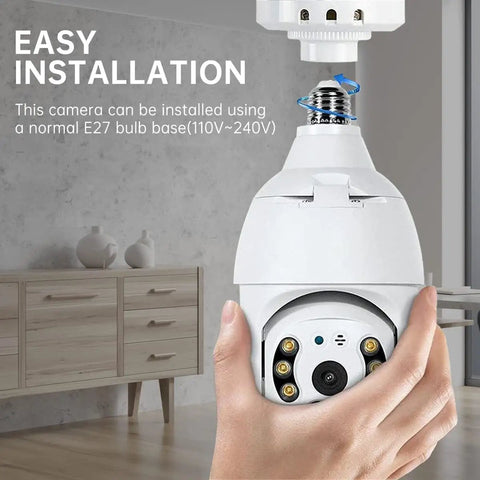 Outdoor WiFi Lightbulb Security Camera With 360 Degree View And 2.4G WiFi HD Night Vision Two Way Audio Light Socket Mount Motion Detection No Fuss Smart Home Setup Weather Resistant Bulb Cam being installed in E27 socket