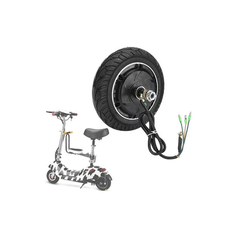 Eight Inch Electric Scooter Hub Motor Drop In Replacement with bulletproof tire and wiring, ideal for e-bike conversions.
