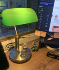 Glass Bankers Desk Lamp With USB Charging Port LED Desk Light Emerald Green Glass Shade Brass Finish Classic Retro Pull Chain in cozy home office