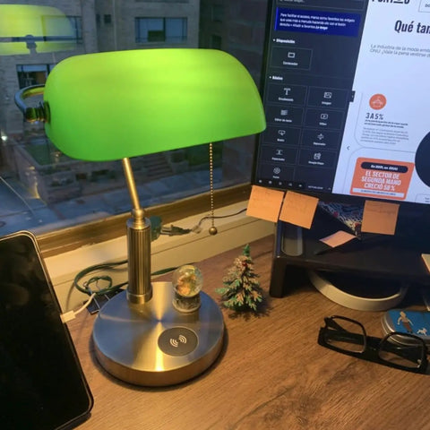 Glass Bankers Desk Lamp With USB Charging Port LED Desk Light Emerald Green Glass Shade Brass Finish Classic Retro Pull Chain in cozy home office