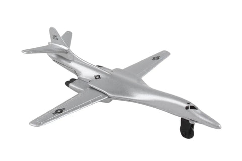 Silver Runway24 B1 Die Cast Vehicle With Connected Runway Pieces for kids and collectors, realistic aircraft detailing on display.