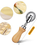 Ravioli Crimper Cutter Wheel For Home Kitchen Use 1.3 Inch Pastry Wheel with fluted edge and wood handle shown in pastry making.