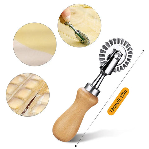 Ravioli Crimper Cutter Wheel For Home Kitchen Use 1.3 Inch Pastry Wheel with fluted edge and wood handle shown in pastry making.