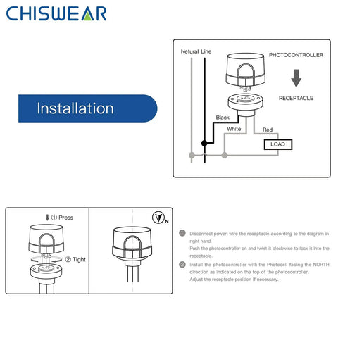 Twist Lock Photocell Dusk To Dawn Auto On Off Light Switch installation diagram showing wiring and setup steps.