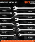 Rock Solid 12 Piece Metric Wrench Set With Compact Storage Holder Crafted From Tough Chrome Vanadium Steel And 12 Point Box Ends Covering 8mm To 19mm For Reliable Auto Shop Repairs display showing sizes and angles of wrenches.
