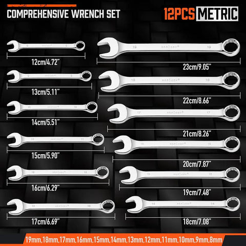 Rock Solid 12 Piece Metric Wrench Set With Compact Storage Holder Crafted From Tough Chrome Vanadium Steel And 12 Point Box Ends Covering 8mm To 19mm For Reliable Auto Shop Repairs display showing sizes and angles of wrenches.