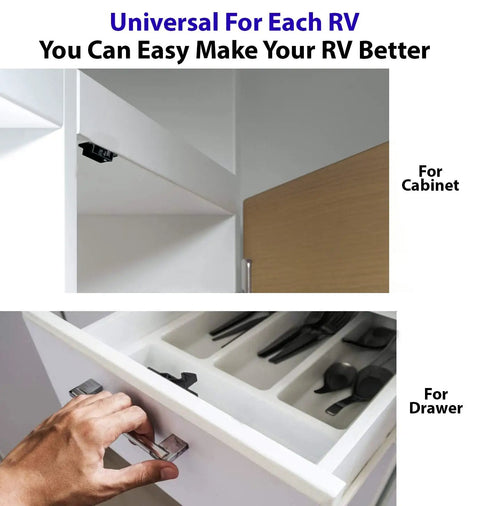 Image of cabinet and drawer with Eight Pack Push To Close Cabinet Latches With Ten Pound Pull For Doors, Drawer Catches For RV Camper And Home Kitchen Bathroom Office, Kid Proof Safety Hardware, Easy Install, No More Slams Keeping Curious Kids Out.