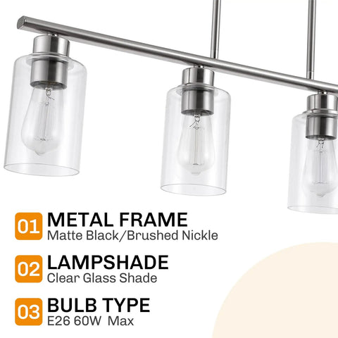 Farmhouse Industrial 4 Light Pendant Lighting with clear glass shade and matte black frame, bulb type E26, metal frame.