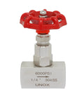 UNOX 304SS needle valve, 1/4 in NPT, 6000 psi, red wheel handle, front view