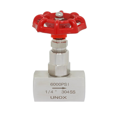 UNOX 304SS needle valve, 1/4 in NPT, 6000 psi, red wheel handle, front view