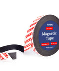 Magnetic Tape Strips Roll With Adhesive Backing For Lightweight DIY Projects And Fridge Or Whiteboard Organization Flexible Sticky Magnet Tape Easy Install Ten Feet Long Half Inch Wide Six Hundredths Of An Inch Thick displayed with packaging.