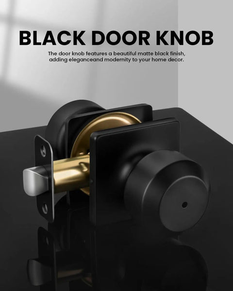 Close-up of Six Pack Matte Black Interior Door Knobs With Privacy Function For Bedroom Or Bathroom on black surface