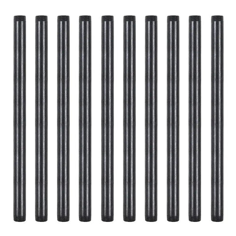 Ten Pack Three Quarters Inch By Sixteen Inch Black Malleable Iron Pipe Nipples Fittings With Threaded Both Ends For Makers And DIY Steampunk Industrial Vintage Style Projects For Home Builds.