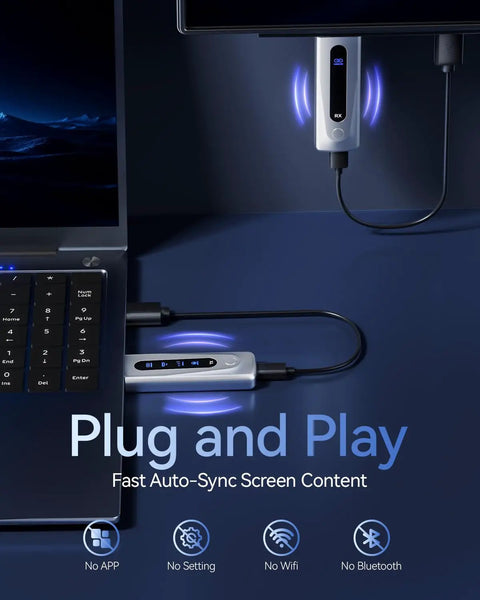 Upgraded Wireless HDMI Transmitter And Receiver Bundle With No Cable Mess 4K Decode And 1080P60 HD Output shown with plugged setup