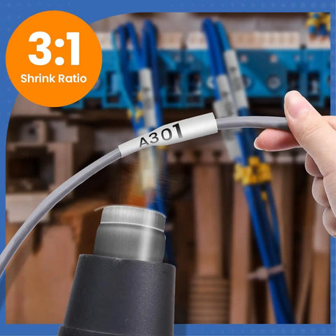 Rock Solid Heavy Duty Heat Shrink Cable Markers 3 Pack Flame Retardant Polyolefin Wire Labels installed on wire with heat gun