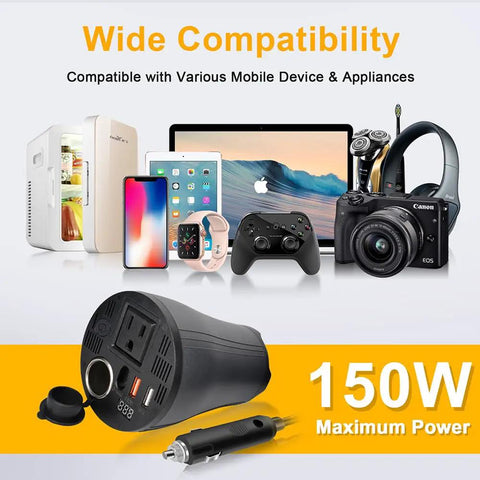 Sweet Upgrade 150W Car Power Inverter Transforms DC 12V To AC 110V For Teslas And Standard Rides, shown with compatible devices.