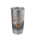 Front view stainless steel insulated tumbler with clear lid and workshop machinery graphic