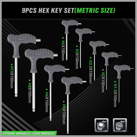 Long Arm T Handle Allen Wrench Set Built Tough With Ball End Hex Keys For Metric And SAE Sizes 18 Piece Chrome Vanadium Steel