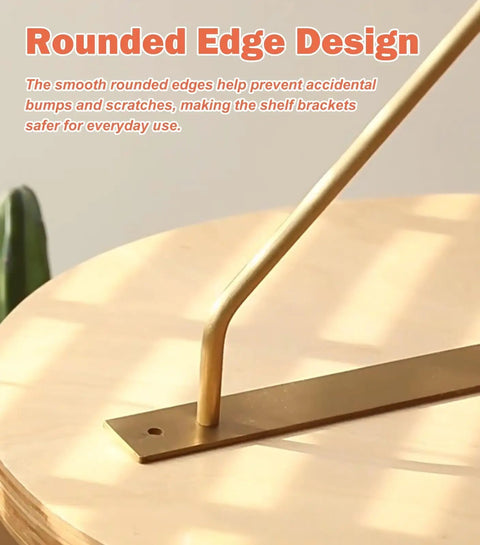 Four Pack Straight Up Premium Solid Gold Brass L Shaped Shelf Brackets With Screws showing rounded edge design for safe use.
