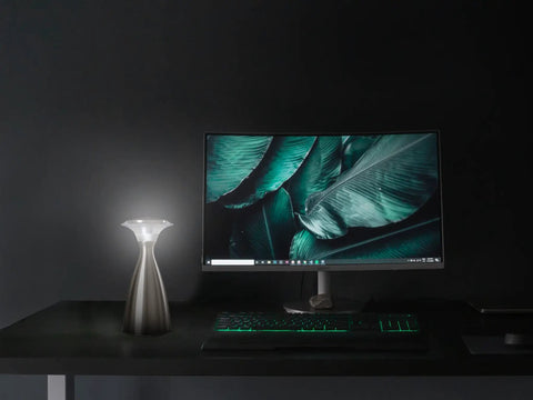 Lanterna Lux Satin Nickel LED Touch Lamp two pack with 200 lumen dimmer next to computer monitor on black desk