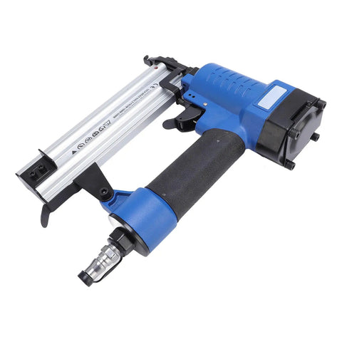 Badass Pneumatic Brad Nailer Aluminum Alloy Air Powered Nail Gun With 4 To 8 Bar Pressure For 10 To 50mm Fasteners with blue grip.