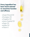 Ingredients and oil drops of At Home Cuticle Care Kit With Citrus Scented Remover 8oz Cuticle Oil 2oz And Metal Pusher Tool