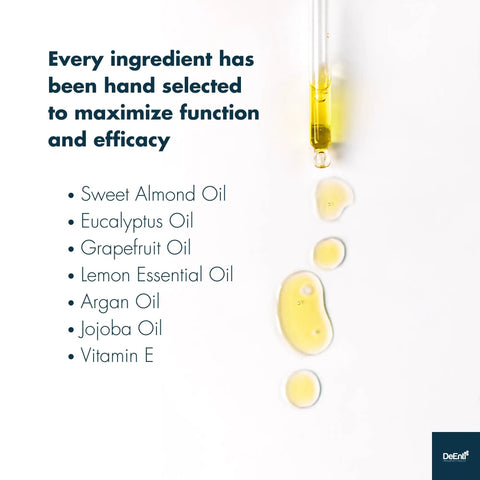 Ingredients and oil drops of At Home Cuticle Care Kit With Citrus Scented Remover 8oz Cuticle Oil 2oz And Metal Pusher Tool