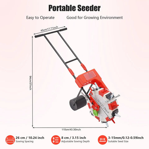 Six Nozzle Hand Push Seeder For DIY Farmers And Garden Pros With Eight Pound Seed Box And Red Roller Manual Seed Planter side view