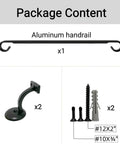 Top Notch Three Foot Aluminum Handrail Kit With Rust Proof Slick Matte Black Finish For Indoor Outdoor Stairs Decks And Landings Smooth No Hassle Mounting Setup package contents with handrail, brackets, and screws.