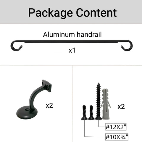 Top Notch Three Foot Aluminum Handrail Kit With Rust Proof Slick Matte Black Finish For Indoor Outdoor Stairs Decks And Landings Smooth No Hassle Mounting Setup package contents with handrail, brackets, and screws.