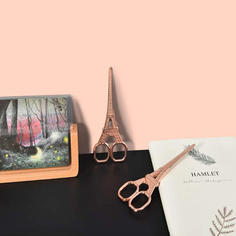 Rose Gold Desk Accessories Set With Scissors Staple Remover And Two Letter Openers For Home Office Vibe Luxury Rose Gold Office Supplies And Desk Decor Functional And Glam; Eiffel Tower scissors on desk
