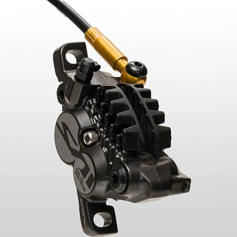 Close-up of Saint M820 Hydraulic Disc Brake and Lever Front Post Mount 4 Piston Caliper Dual Diameter with I Spec B Reach
