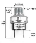 Front view of 165 To 200 Psi Air Pressure Switch with One Quarter Inch NPT Thread, silver finish, showing dimensions and specifications.