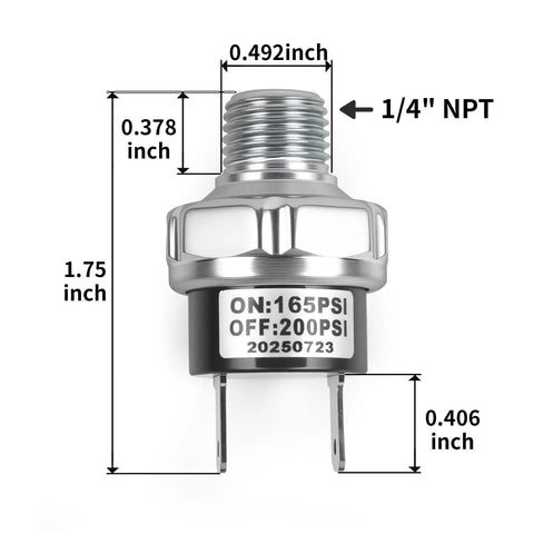 Front view of 165 To 200 Psi Air Pressure Switch with One Quarter Inch NPT Thread, silver finish, showing dimensions and specifications.