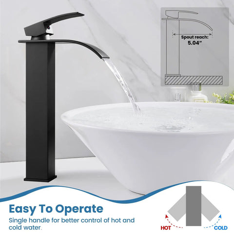 Matte Black Tall Waterfall Vessel Sink Faucet With Large Rectangular Spout Single Handle One Hole Mixer in use with water flow