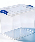 27 Quart Clear Plastic Storage Bin With Lock Down Latching Lid Stackable Organizer Tote showing clear tub with blue lid and handles.