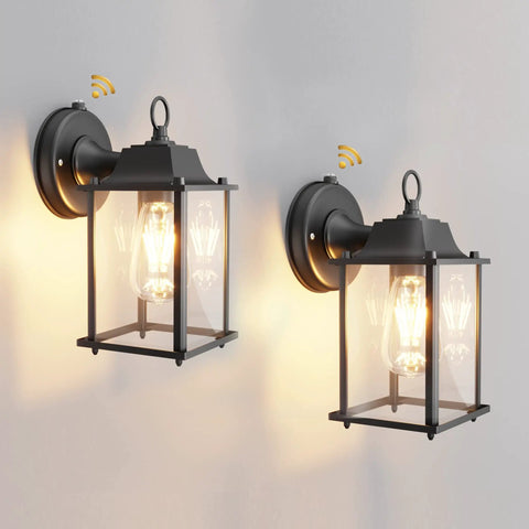 2 Pack Dusk To Dawn Outdoor Wall Mount Light Fixtures With Clear Glass In Black Finish Exterior Garage Lighting High Sensitivity Photocell Sensor For Auto On At Night And Off At Day Weatherproof No Fuss Install