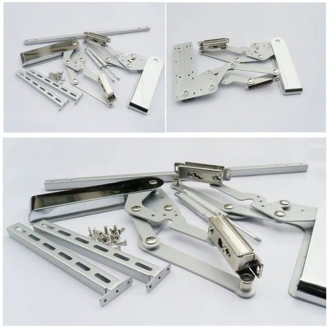 Heavy Duty Hydraulic Vertical Cabinet Door Hinge With Soft Close Flip Up Mechanism and Silent Gas Strut components, including metal brackets and struts.