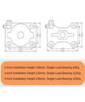 Technical diagram for Heavy Duty 4 Inch Brake Casters With Flat Rubber Silent Wheels For Trolleys And Carts, shows dimensions and load ratings.