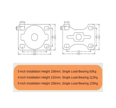 Technical diagram for Heavy Duty 4 Inch Brake Casters With Flat Rubber Silent Wheels For Trolleys And Carts, shows dimensions and load ratings.